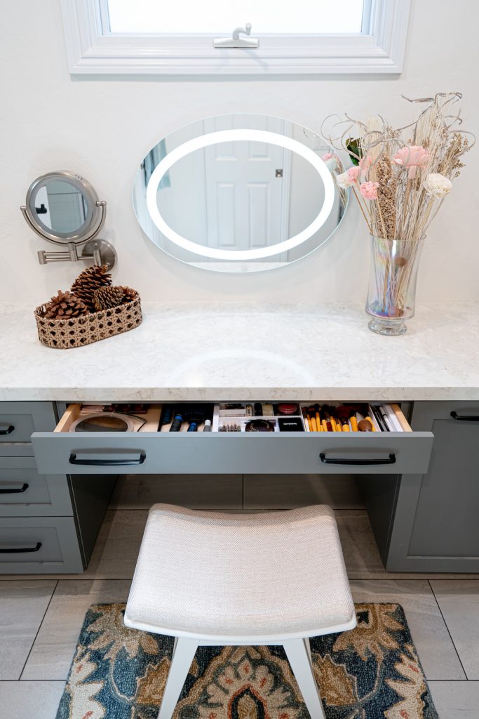 vanity holds makeup and beauty brushes