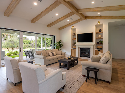 modern living room with wood beams