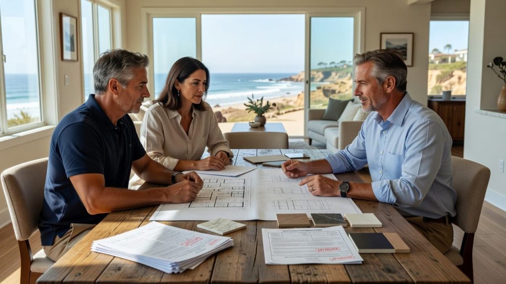 Homeowners meeting with a remodeling professional to review building plans and permit documents for a San Diego home renovation project.
